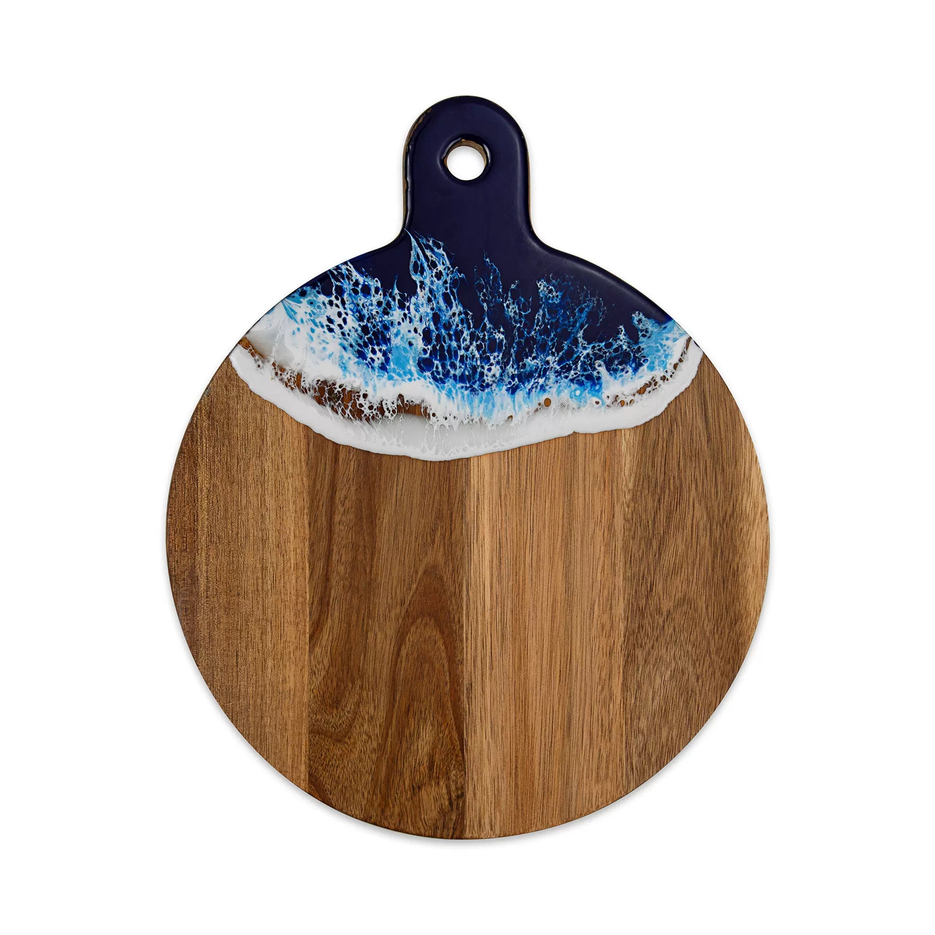 Round Acacia Wood Cutting Board with Deep Blue Ocean Resin Art Handle